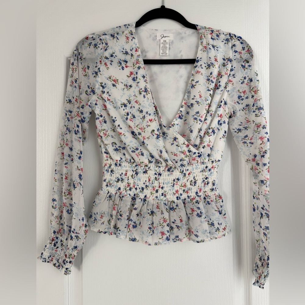 Japna White Floral Smocked Blouse